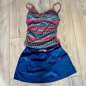 Colorful Zigzag Tankini with Blue Swim Skirt